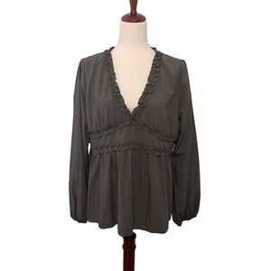 NWT Bibi Womens Top Size L Long Sleeve Green Peasant Peplum Waist V-Neck Ruffle